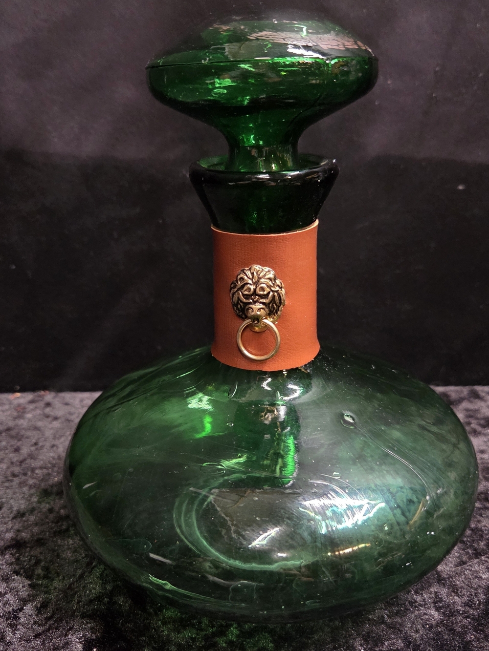 Lovely Italian Green Glass Liquor Decanter Bottle with Lion Head Leather detail